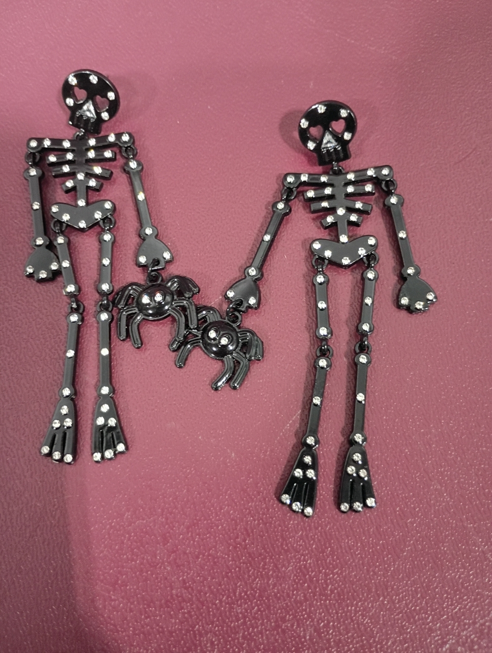Black Skeleton & Spider Dangle Earrings - Rhinestone Detail
